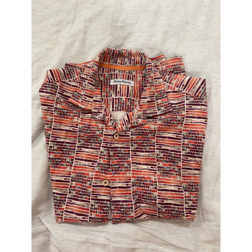 Tommy Bahama Mens Orange Abstract Geometric Print Short Sleeve Silk Camp Shirt